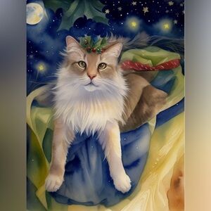 8.5x~10in - Festive Cat Graphic with Holly Glossy Print out